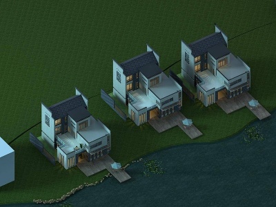 新中式别墅外观别墅建筑模型