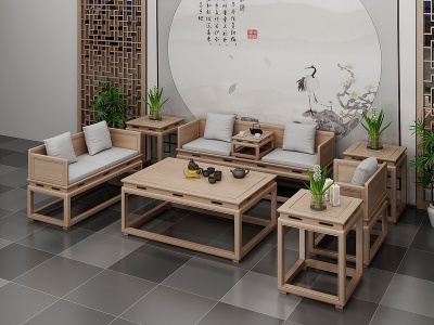 3d新中式禅意沙发组合模型