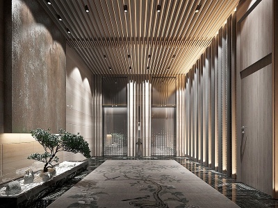 3d新中式酒店会所电梯厅模型