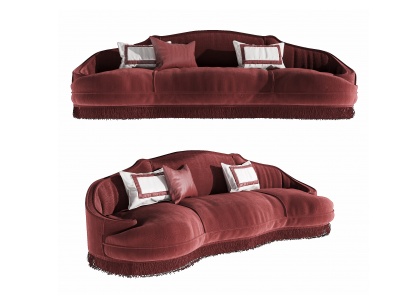 3d美式红色绒布多人沙发模型