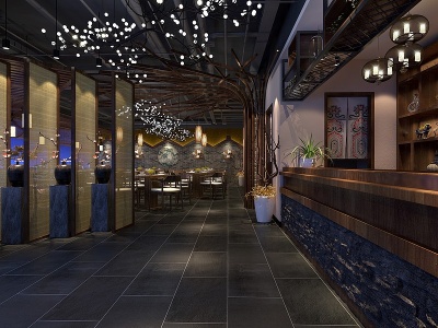 3d中式餐厅屏风装饰树模型