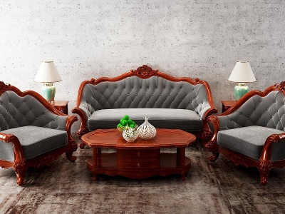 3d美式实木皮革沙发组合模型