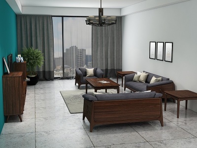 现代客厅实木沙发茶几家具模型3d模型