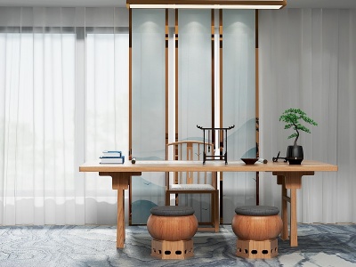新中式实木书桌椅模型3d模型