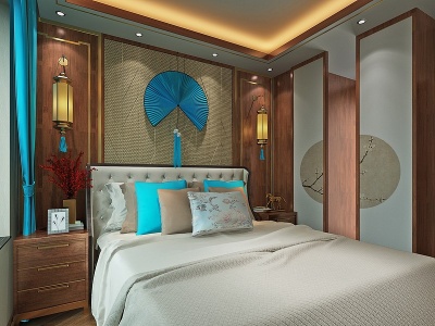 3d新中式卧室床移门扇子模型