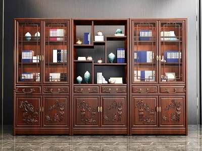 3d中式古典红木实木雕花书柜模型