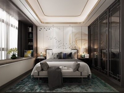 新中式卧室双人床衣柜模型3d模型