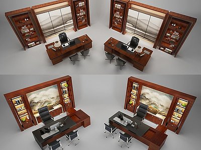 3d新中式办公桌椅模型