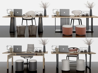 3d新中式实木书桌椅模型