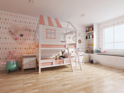 3d北欧儿童房女儿房上下床模型