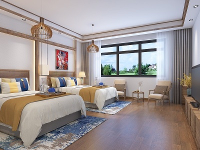 3d现代卧室民宿酒店卧房模型