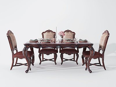 3d欧式古典实木雕花餐桌椅模型