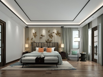 新中式主卧卧室模型3d模型