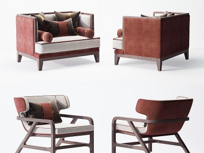 3d新中式单人沙发组合模型