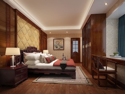3d中式卧室吊灯床衣柜模型
