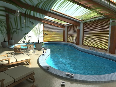 现代别墅会所泳池温泉3d模型
