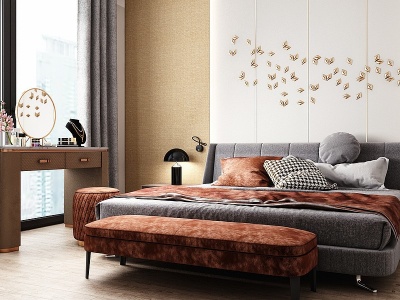 3d现代卧室双人床组合梳妆台模型