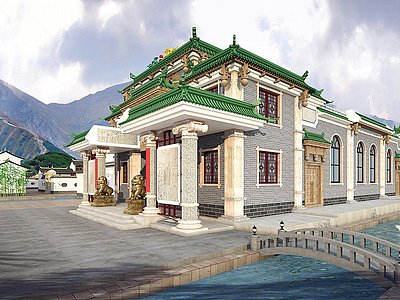 中式祠堂外观模型