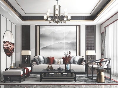 3d新中式风格家居客厅模型