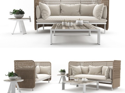 3d编织藤椅沙发茶几组合模型