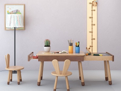 3d北欧原木儿童书桌椅模型