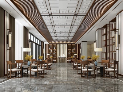 3d新中式酒店会所大厅休息区模型