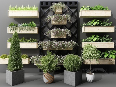 3d现代户外花槽盆栽植物模型