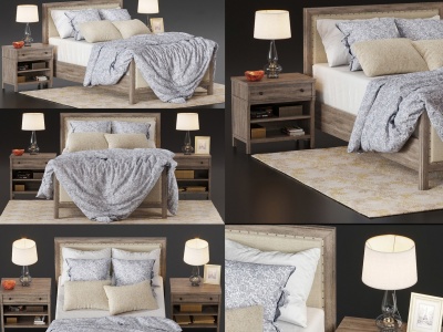 3d美式单人床床头柜组合模型