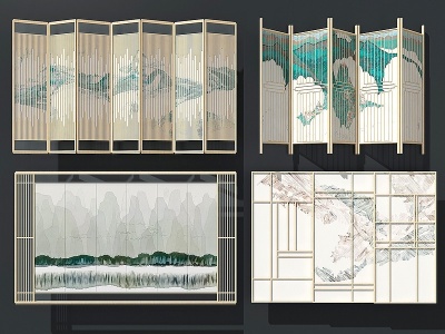 3d新中式日式木质屏风隔断模型
