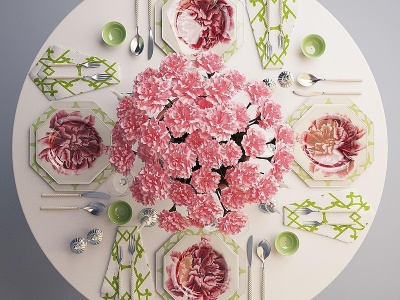 3d欧式圆桌餐具盘子玫瑰花模型