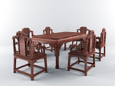 3d中式古典雕花实木餐桌椅模型