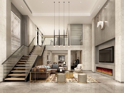 3d现代挑高客厅模型