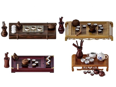 3d新中式茶台茶具组合模型