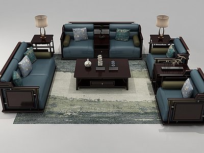 3d新中式别墅实木沙发茶几模型
