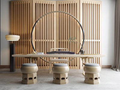 3d新中式茶室实木屏风模型