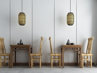 3d新中式竹编餐桌椅模型