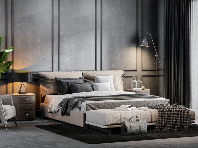 现代布艺双人床卧室模型3d模型