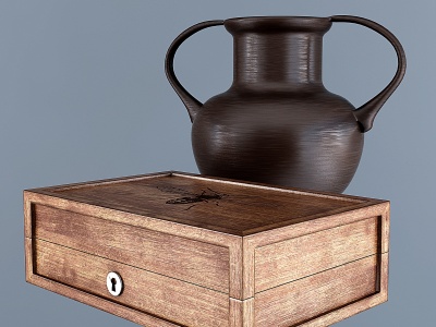 实木储物箱陶瓷罐组合模型