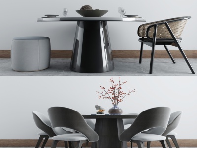 3d新中式圆形餐桌椅组合模型
