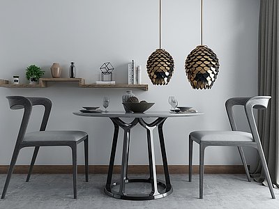 3d新中式圆形实木餐桌椅组合模型