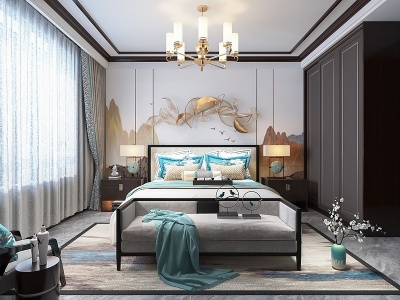 3d新中式卧室房间模型