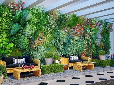现代植物墙庭院休息区模型