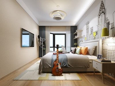 北欧极简主人卧室双人床模型3d模型