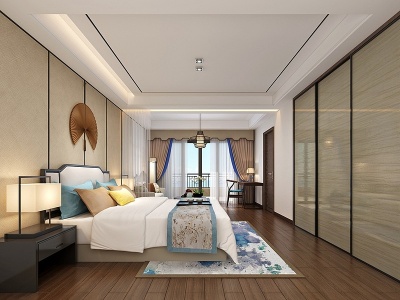新中式轻奢卧室真皮床模型3d模型