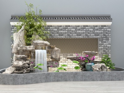 新中式假山竹子水池塘模型