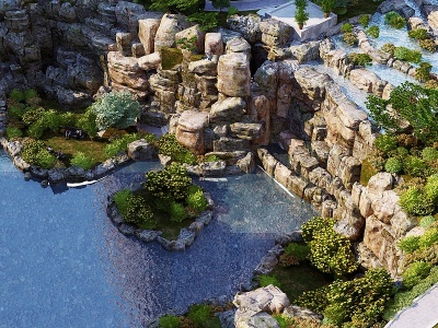 C4D现代公园石头假山水景模型
