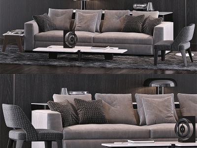 3d现代布艺双人沙发单椅茶几模型