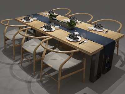 3d新中式餐桌餐桌椅六人桌模型