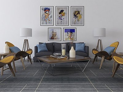 3d现代客厅沙发壁画模型