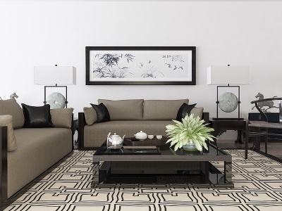 3d新中式沙发壁画茶几模型